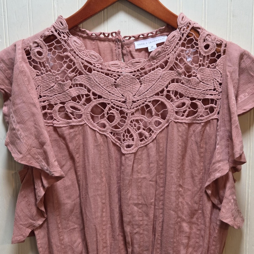 Coco + Jaimeson Blouse Womens‎ XS Pink Crochet Flutter Sleeve Boho Tunic Top